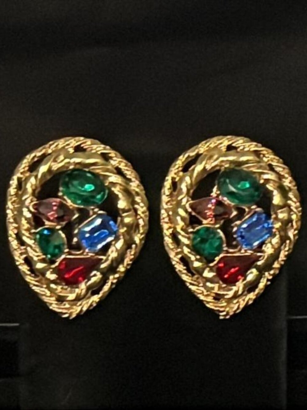 M. Jent Vintage Rainbow Rhinesto with Gold Tone Frame Clip-On Earrings